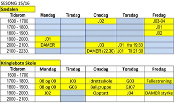 TRENINGSTIDER SESONGEN 15/16